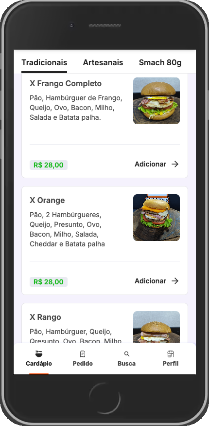 Cardápio digital do Appetito aberto no celular, com fotos e categorias dos produtos