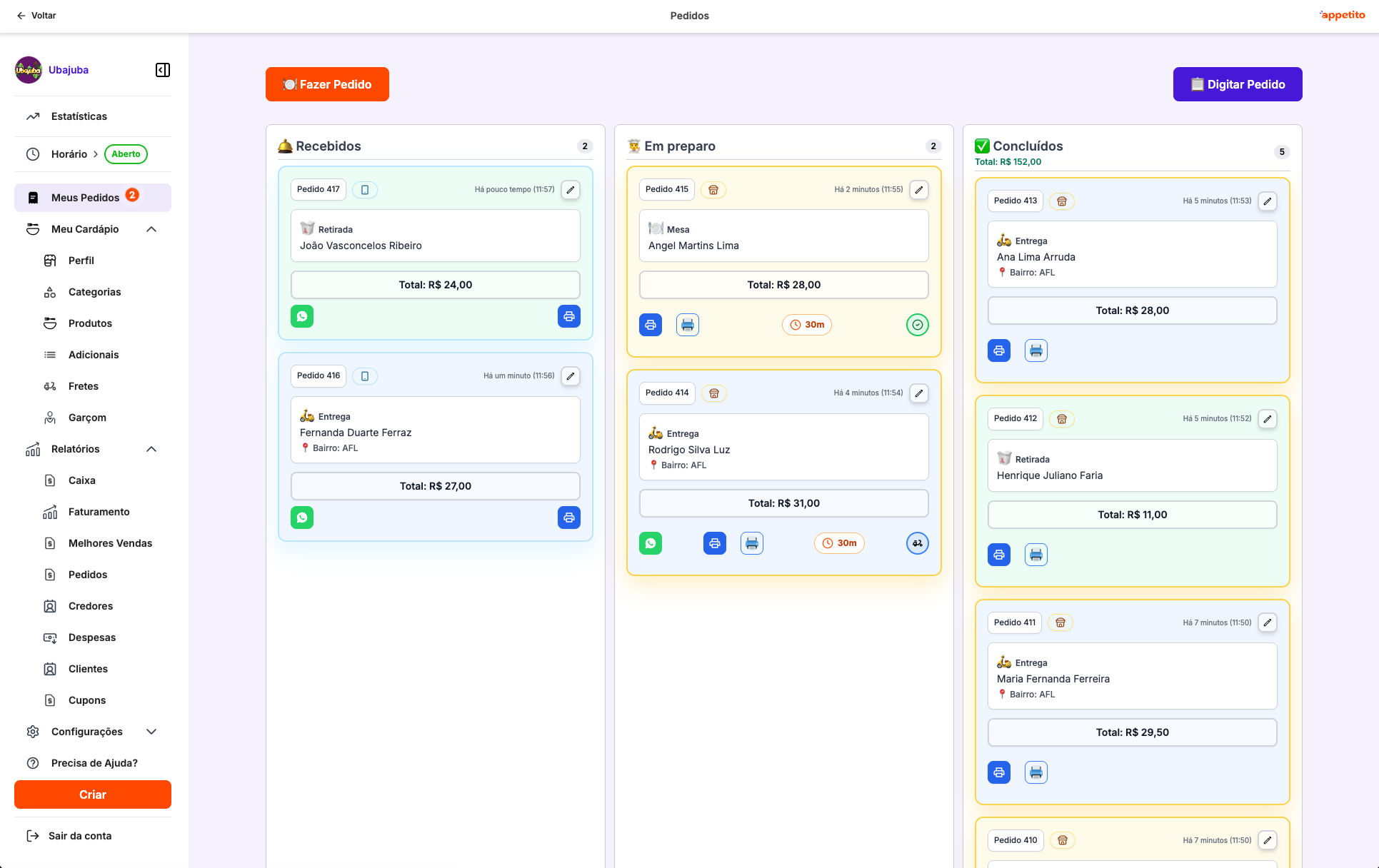 Painel de pedidos do Appetito em formato kanban, com colunas de pedidos em tempo real