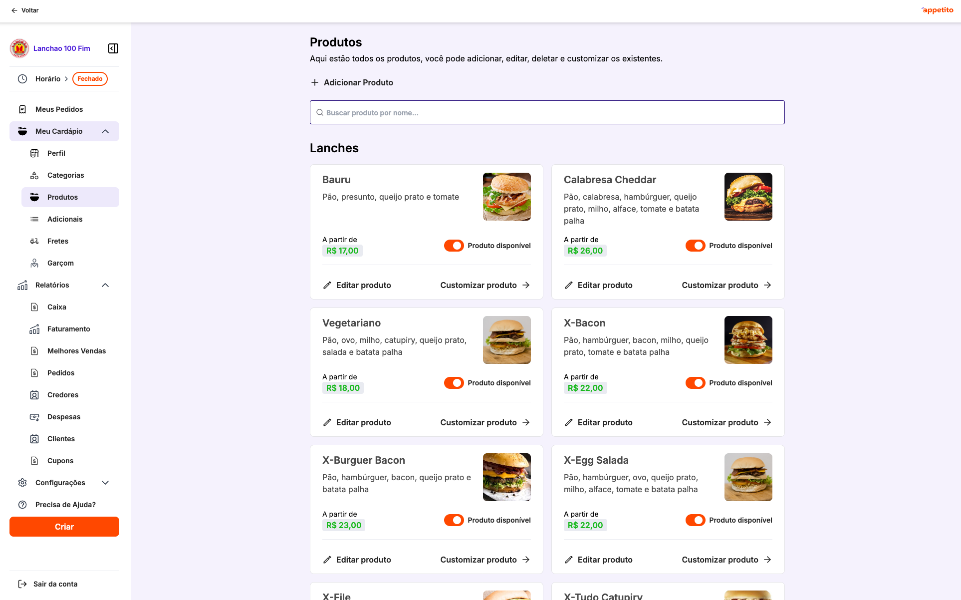 Relatório de desempenho do estabelecimento no Appetito